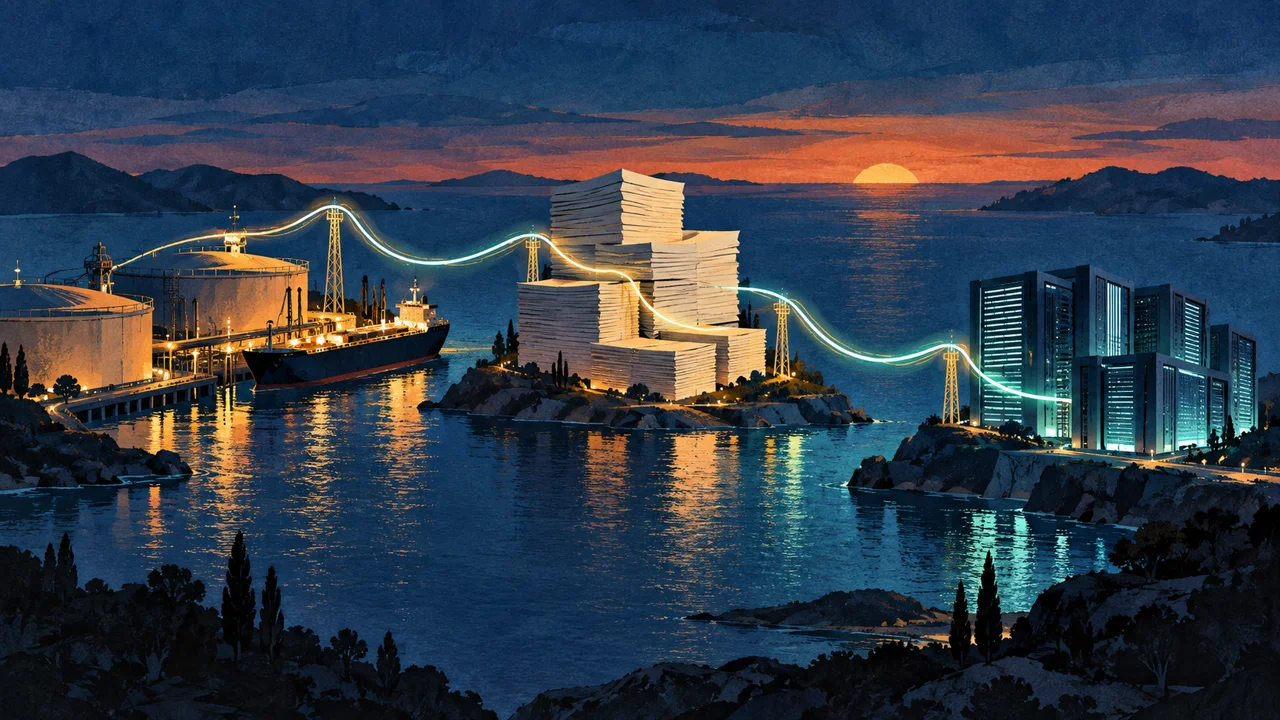 Energy infrastructure, ledger sheets and computing buildings linked in a conceptual landscape.