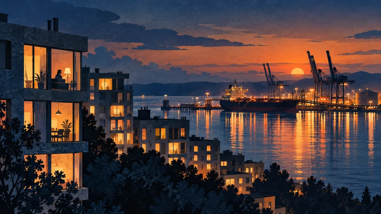 Apartment windows overlooking a working harbour at dusk.