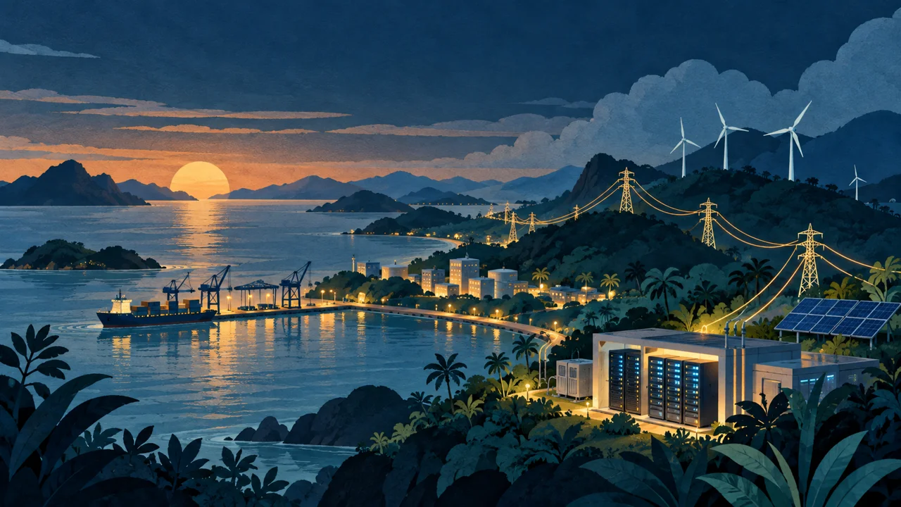 An island port connected to energy and computing infrastructure.